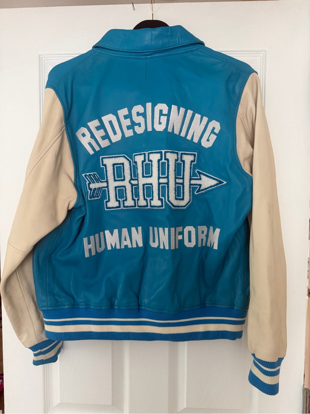 RHU Teal and Cream Varsity Bomber Jacket - Redesigning Human Uniform
